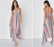 Lulus Makin' Relaxin' Bohemian Tasseled Southwestern Print Sexy Maxi Dress M