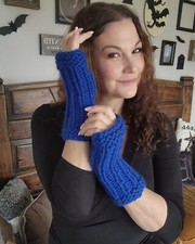 Hand Knit Fingerless Gloves, Armwarmers in Blue Yarn, Womens "Sapphire Sky", One