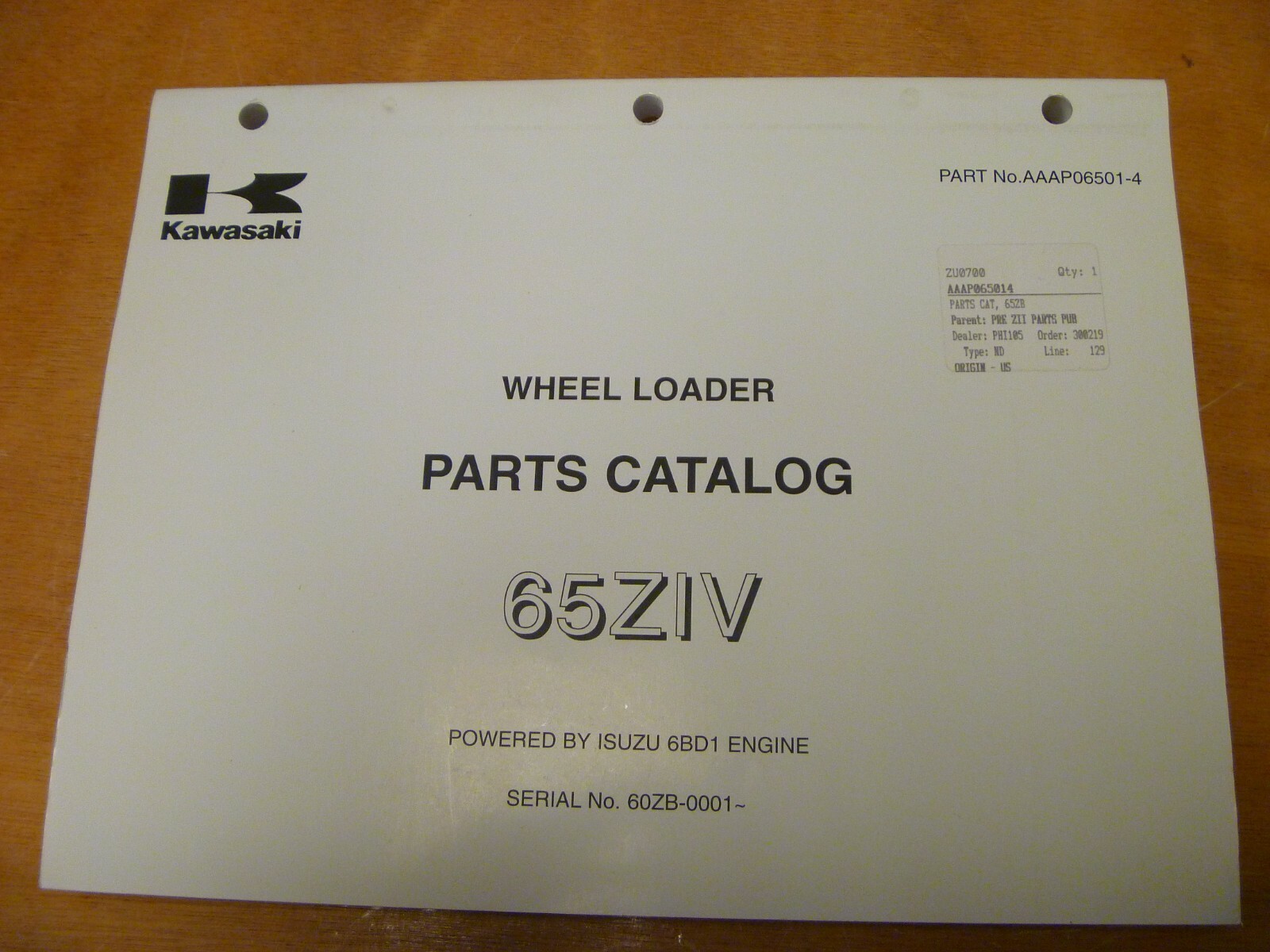Kawasaki 65ZIV Wheel Loader with Isuzu 6BD1 Engine Parts Catalog Manual