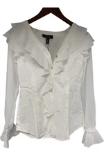 C Wonder Women's Button Front Blouse w Ruffle Detail White