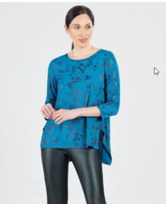 CLARA SUN WOO Foil Knit Parachute Hem Tunic Blue Abstract Splatter L