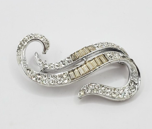 Vintage Unsigned Baguette Clear Rhinestone Silver Tone Fancy Brooch - Picture 2 of 7