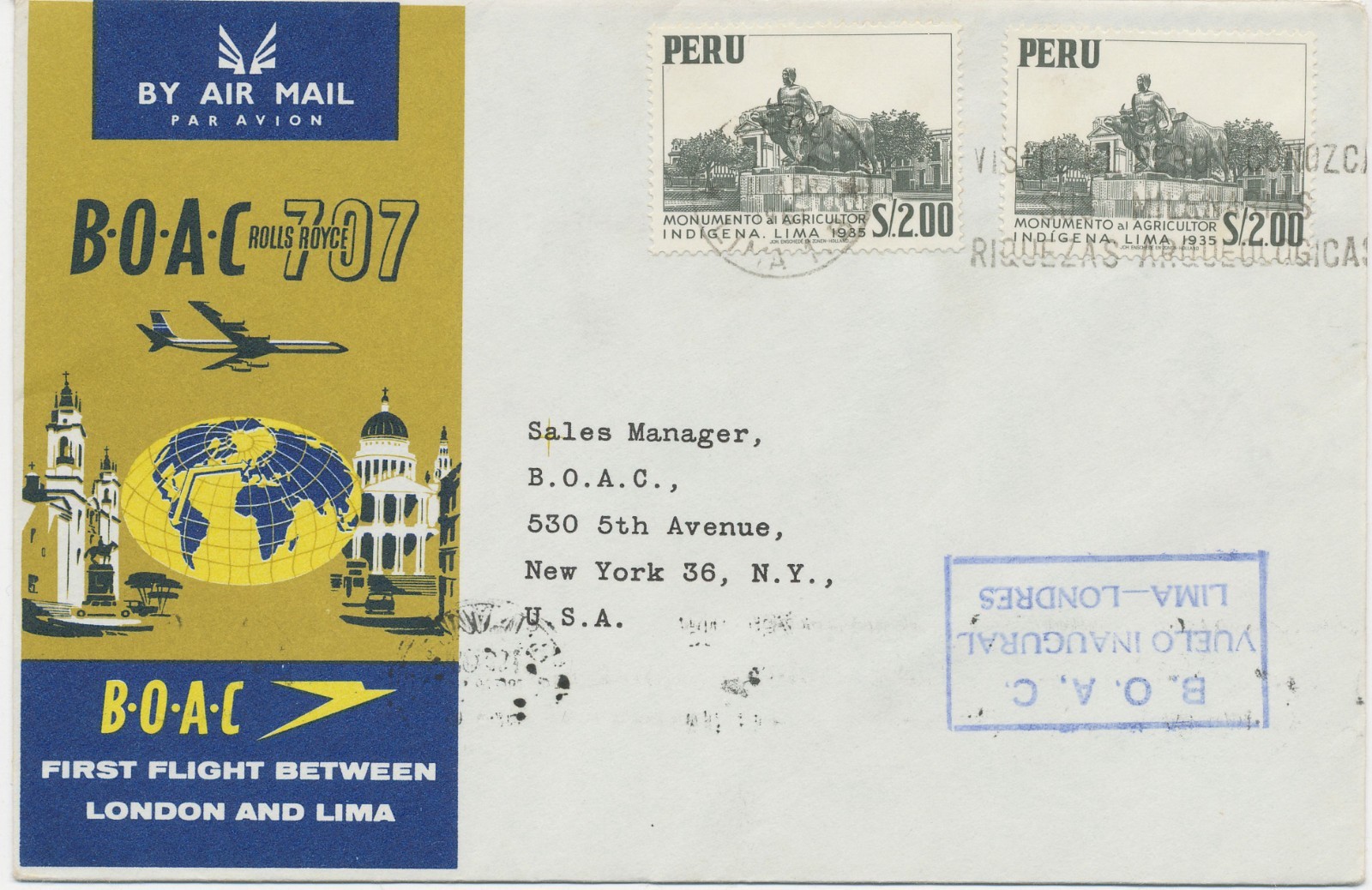 Peru 1961 Cab. First Flight with BOAC Rolls Royce 707 "LIMA - NEW YORK" 