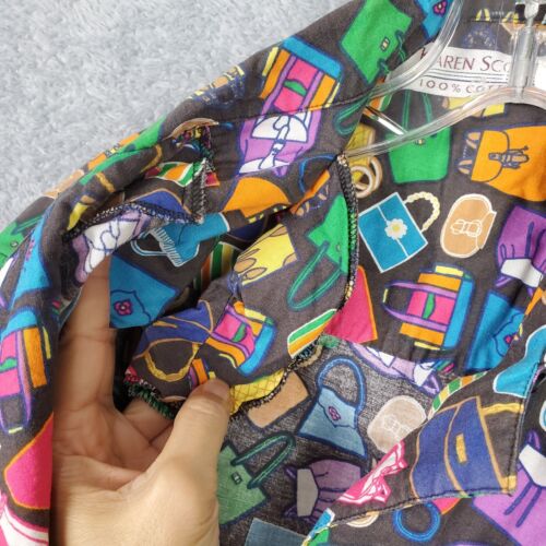 Vtg 80s Karen Scott Womens Button Up Shirt Sz L Black Purse Handbag Print Cotton - Picture 22 of 22