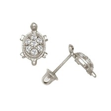 Solid 14K White Gold Birthstone Turtle Screw Back Stud Earrings with CZ Stones