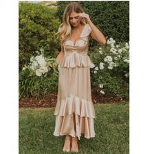 Show Me Your Mumu Dress Womens SMALL  Champagne Beige Ruffled Wedding Tiered USA