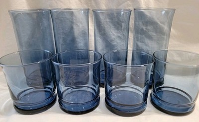 Vtg Libbey Franco Blue Glasses Set of 8 No Graphics 4 Rocks/Juice 4 Tumblers