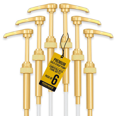 6 Pack Coffee Syrup Pump Dispenser (Gold) - Compatible with Torani, Davinci and