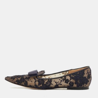 Jimmy Choo Blue Lace and Mesh Gala Bow Ballet Flats Size 36
