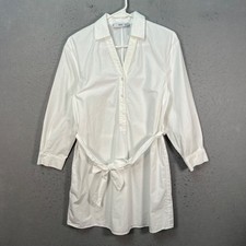 Mango White Cotton Button-Front Shirt Dress w/ Waist Tie Long Sleeves Collared