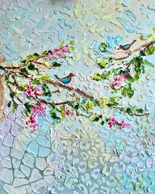 Abstrakte Vögel Ölbild 24x30 cm Landschaft Blumen Original Gemälde auf Malkarton - Bild 1 von 4