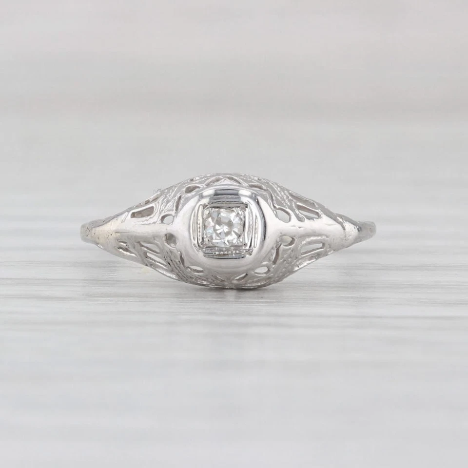 Art Deco Diamond Solitaire Filigree Ring 18k White Gold Size 4.75 - Image 2 of 4