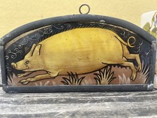 SUPERB 19thC SIGNED STAINED GLASS & LEADED PANEL WITH A HAND PAINTED PIG c1890s