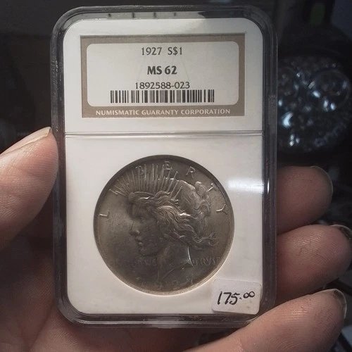 Antique Vintage 1927 Peace Dollar $1 Silver P NGC MS62 circulated Coin