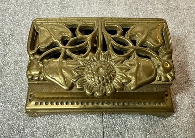 RARE Antique Art Nouveau Brass Stamp Box Sunflower Estate Inventory Label Heavy