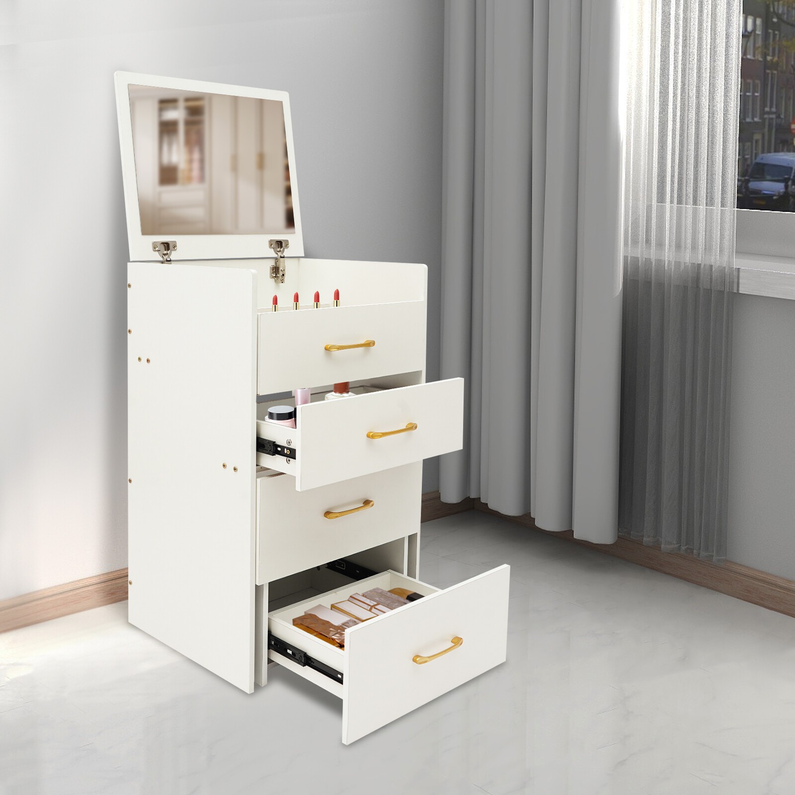 Makeup Desk with Mirror, Compact Dressing Table, Small Make Up Table White