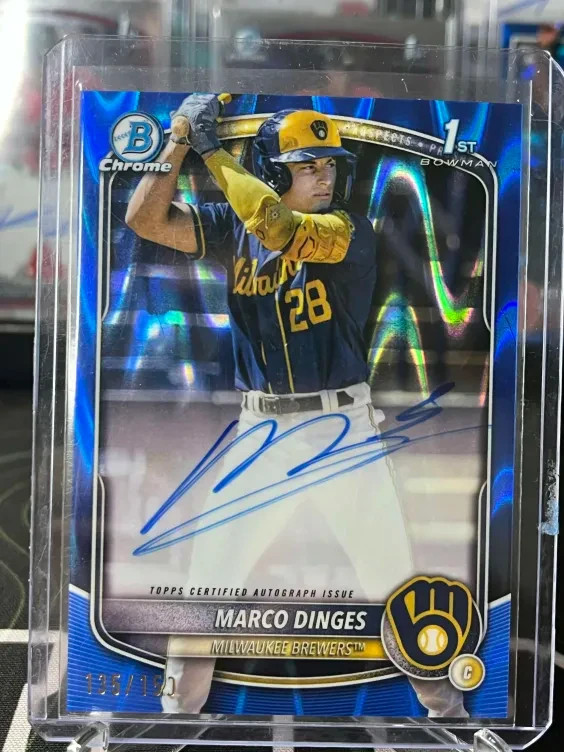 Marco Dinges 2025 Bowman Chrome 1st Blue Raywave Auto /150 Milwaukee Brewers