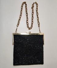 Vintage Black Beaded Evening Purse W/ Gold Metal Clasp  Chain Strap