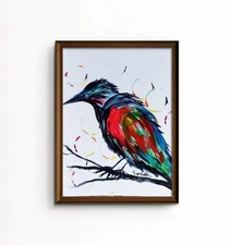 Original  9"x12" Abstract Colorful Crow Expressive Gallery Mixed Media PAPER Art