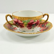 J. P. L. France Limoges Double Handle Cup & Saucer Set Antique Gold Gilt Poppies