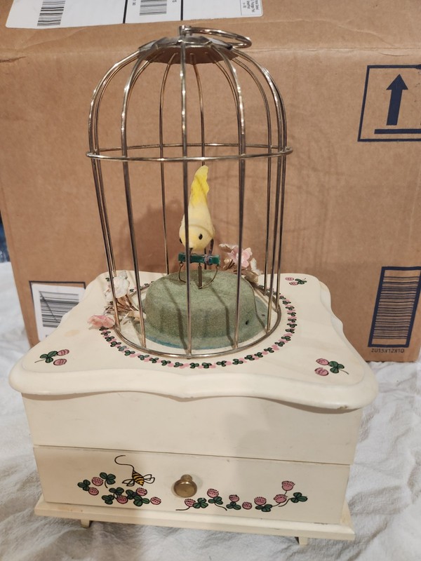 Vintage Wind-Up Music Box Caged Bird with Drawer Plays as Well as if New!