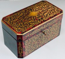 ANCIENNE BOITE A THE MARQUETERIE BOULLE ECAILLE ROUGE & LAITON NAPOLEON III XIXe