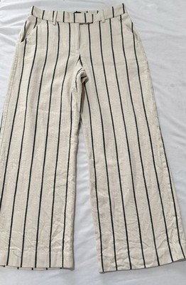 Express Editor Mid Rise Striped Relaxed Trouser Pant Cream Black Cotton Size 4S