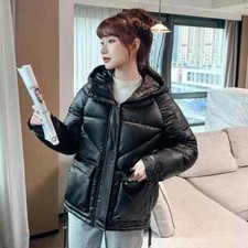 Daunen Parka Damen Synthetik Jacke Over schwarz glänzend weiche Kapuze 40677