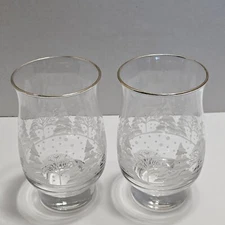 2 Vintage Libbey Glass Tumblers Winter White Etched Frosted Trees Gold Rims