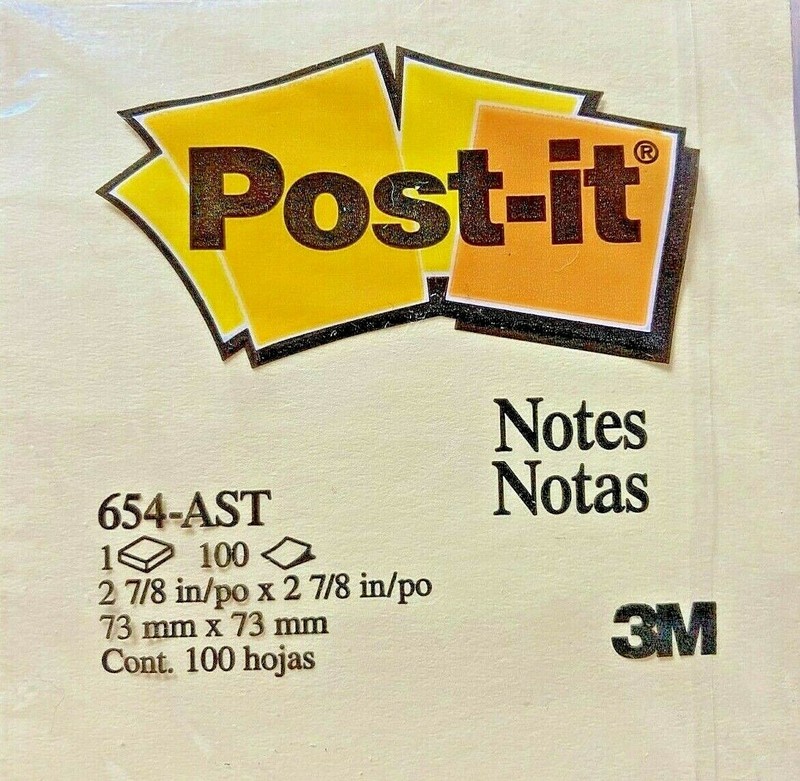 Lot of 1, Post-it Self-Stick Pad 654-AST, 1 Padx100 Sheet Yellow, 3X3”