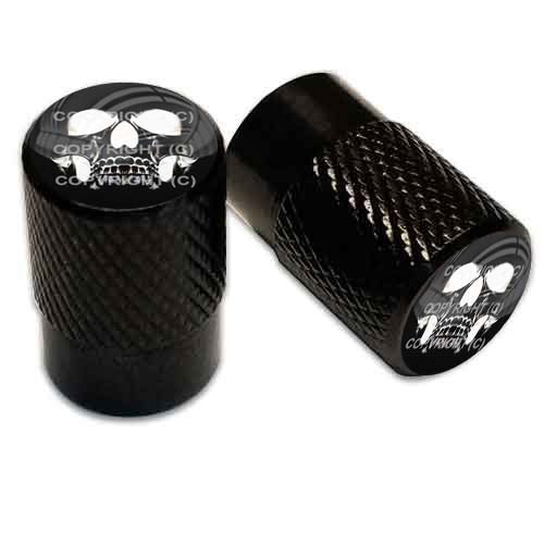 2 Black Aluminum Knurled Motorcycle Valve Caps BLACK GHOST SKULL