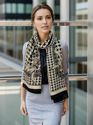 LA FERANI Schal Viskose Tuch Seidenschal Klassik 180x90 beige schwarz Halstuch Stola Damen