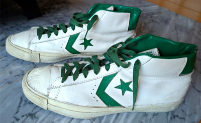 Mid 70s Vintage USA Converse Leather All-Star High Tops, size 12, white & green