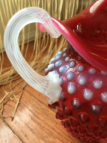 Fenton Cranberry Hobnail Opalescent Pitcher Art Glass Ribbon 5-1/2" t Vintage - Picture 5 of 12
