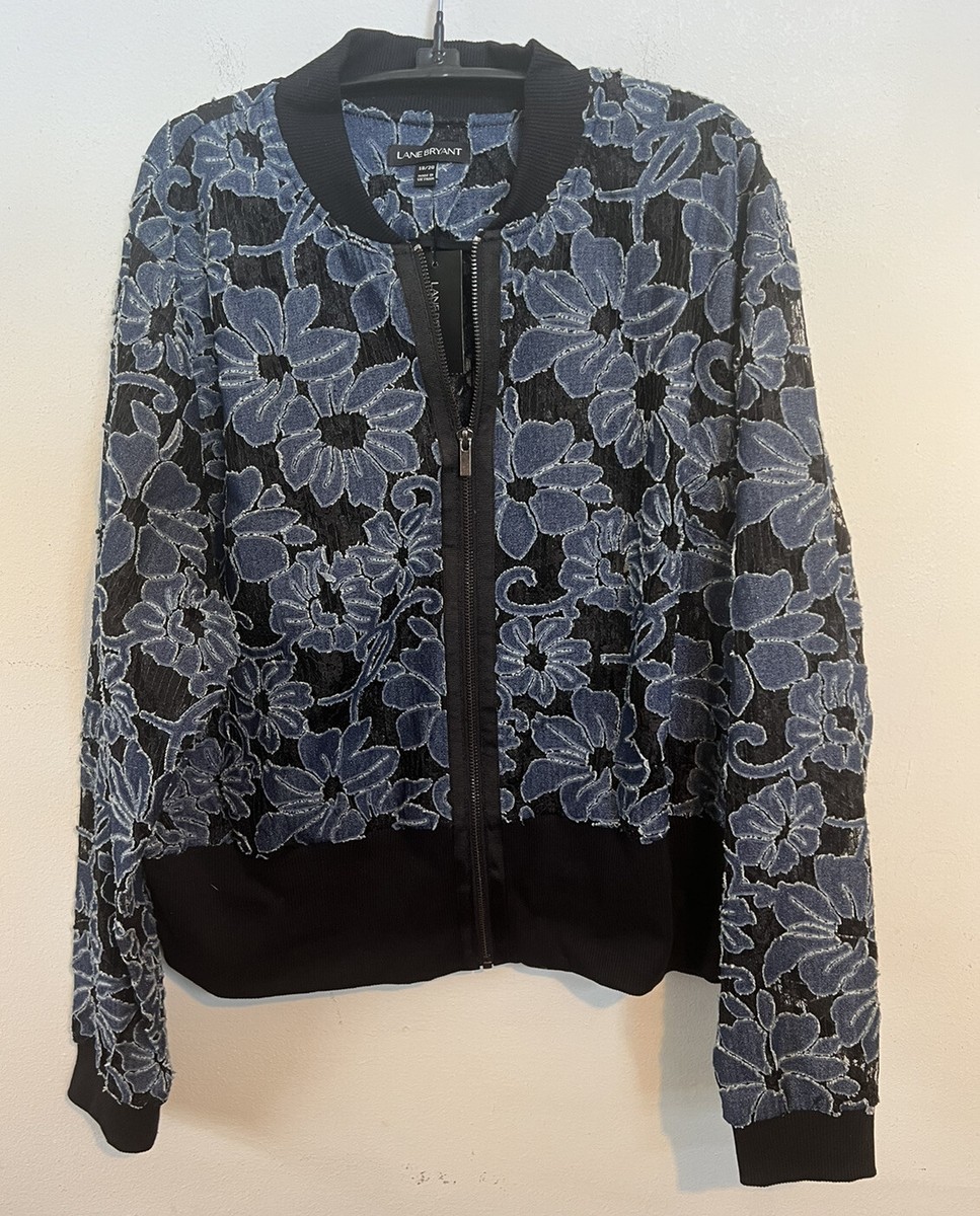 NWT Lane Bryant Women’s Plus 18/20 Bomber Jacket Denim Lace Floral Small  Defect