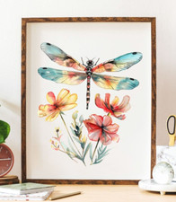 Dragonfly and Flowers Art Print, Dragonfly Wall Art Decor Print, Nature Print