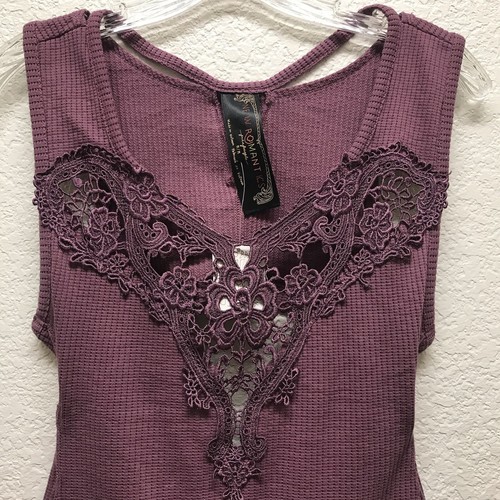 Free People New Romantics Womens M Plum Waffle Knit Lace Boho Tank Top NWT - Picture 4 of 5