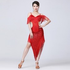 Lady Belly Slip Dance Dress Latin Ballroom Dancewear Tassel Sequins Midi Modern