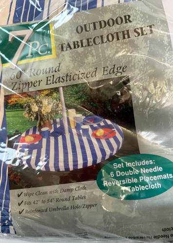 7 Pc. Outdoor Tablecloth 60" Round Zipper Elasticized Edge w/6 Reverse Placemats - Picture 2 of 3