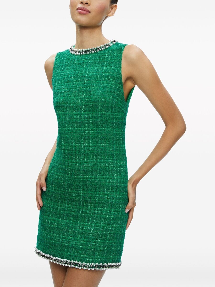 Alice + Olivia Clyde JADE GREEN Tweed WOOL STUD PEARL TRIM Alice + Olivia Clyde JADE GREEN Tweed WOOL STUD PEARL TRIM