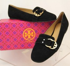 NIB TORY BURCH MARSDEN BLACK SUEDE GOLD TONE BELTED REVA SMOKING SLIPPER FLATS 8
