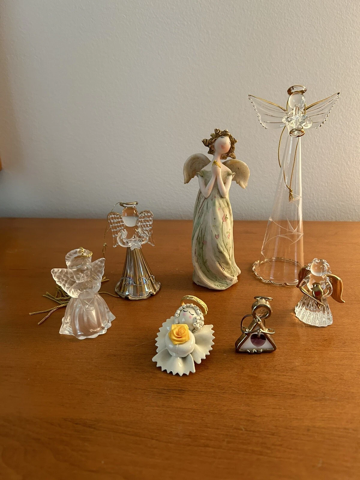 5 Crystal Glass Angels & 2 Angel Clips all different 1 3 4" to 6.5 "