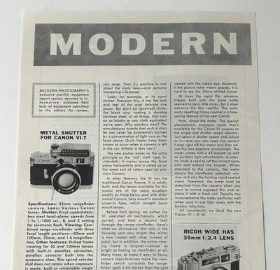 Canon VI-T, Ricoh Wide, Aires 35-V - Modern Photography Test Report Article 1958