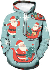 Christmas Hoodie Blue Santa Sleigh Tree Gift Holiday Pullover