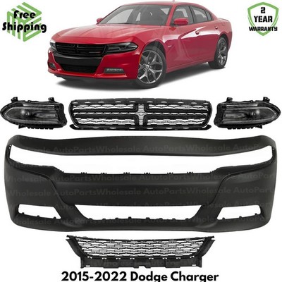Front Bumper Cover Primed Plastic & Headlights Kit For 2015-2022 Dodge Charger
