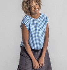 FOXLILLIE Mabel Top Women’s 100% Linen Gingham Blue White Size Medium USA Made