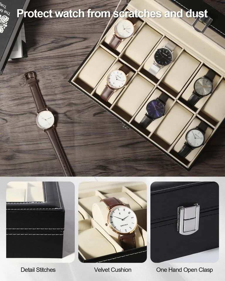 Organizador de relojes Uten - Estuche de PU de 12 ranuras con tapa de cristal, regalo de San Valentín,... Foto 4 de 4