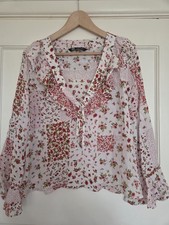 ​Zara Cottagecore Patch Work Floral Boho Red & White Blouse with Ruffle Trim XL