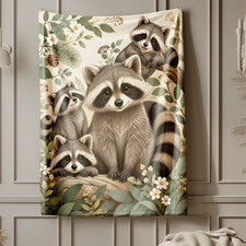 Woodland Raccoon Family Wildflower Coral Fleece Blanket