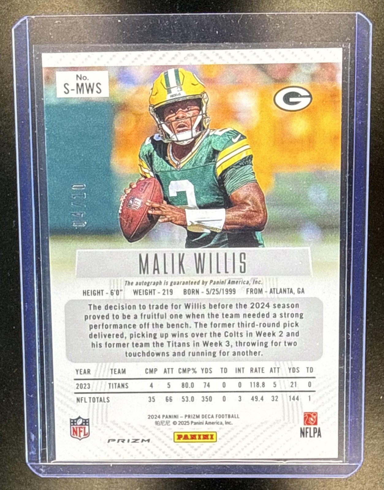 2024 Panini Prizm Deca Malik Willis Signatures Gold /10 Auto Packers view 2